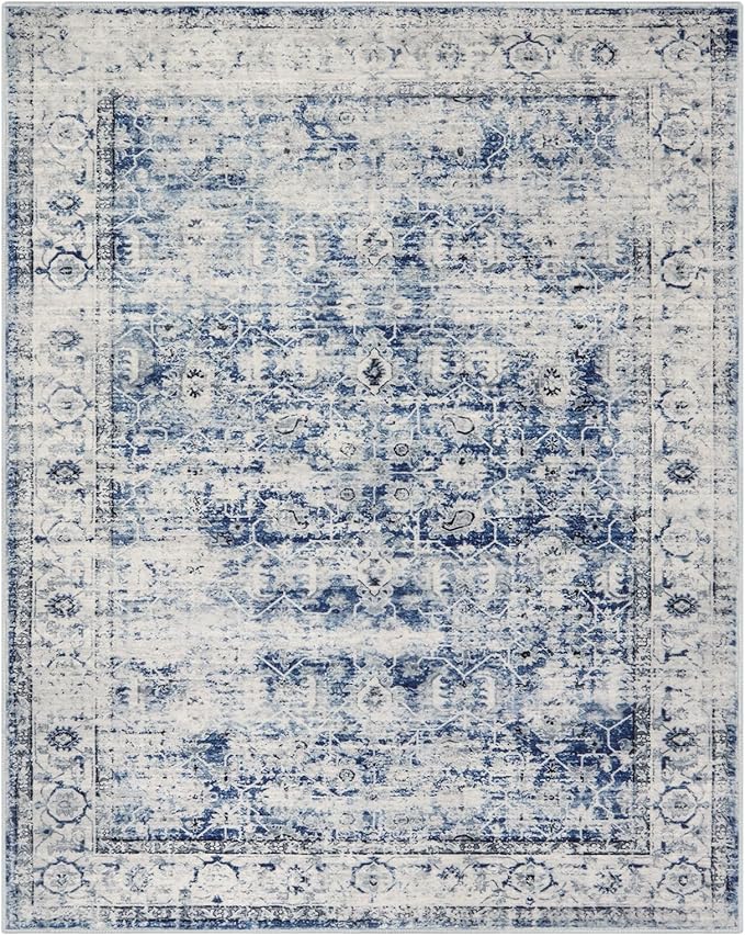 Lahome Vintage 8x10 Rugs for Living Room, Large Washable Rug for Bedroom Office, Boho Distressed Dining Room Rug Soft Stain Resistant Low Pile Accent Carpet for Home Playroom (8'x 10', Blue)
