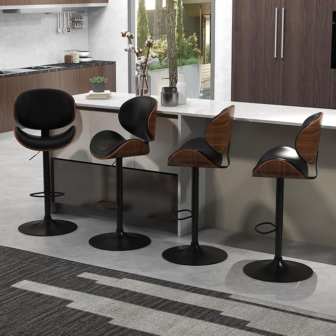 civama Bar Stools Set of 6 for Kitchen Counter, Adjustable Bar Height Chairs, Modern Swivel Barstools with Bentwood Seat and Back with Footrest for Kitchen Island, Dining Room, Black PU Leather