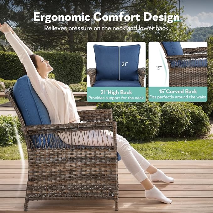 4 Pieces Wicker Patio Furniture Set - Hollow Widen Armrests Comfy Outdoor Rattan Chairs with Ottomans, Small Patio Convention Set for Balcony Porch Deck and Yard - Brown/Blue