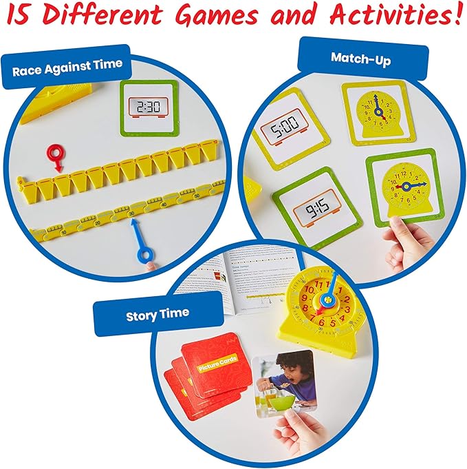 Hand2Mind Telling Time Basics Center Kit - Learn to Tell Time Activity Set with Analog Classroom Clock for Kids, Yellow