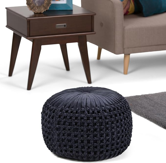 SIMPLIHOME Renee Round Pouf - 20 inch Wide Upholstered Velvet Ottoman in Navy, Boho Footstool or Extra Seating for Living Room or Bedroom with Button-Tufted Pleated Design, Assembled
