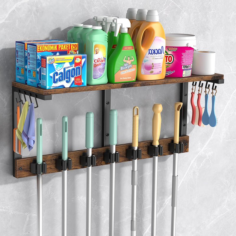 Housolution Broom Holder Wall Mount with Cleaning Supplies Organizer, 100 LBS High Load-Bearing Laundry Room Storage Shelves, Multifunctional Mop Hanger Rack with 7 Grippers & 8 Hooks