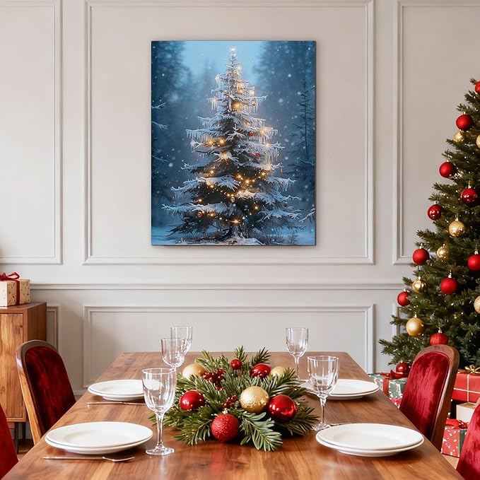 Framed Christmas Pictures Wall Decor,Vintage Pine Tree Prints,Winter Christmas Canvas Wall Art Decoration for Bedroom Bathroom Living Room Rustic Xmas Holiday Gifts (Christmas Tree 15, 20'' X 32'')