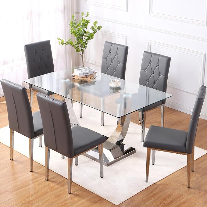 Modern Dining Table for 6, Glass & PU Leather 6-Chair Set, Silver U-Shaped Legs