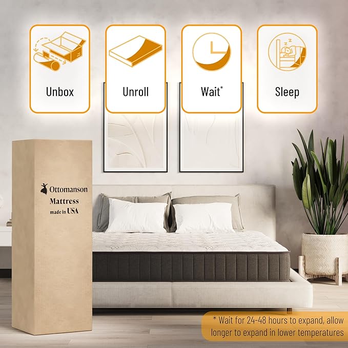 Ottomanson Queen 9" Hybrid Mattress - Rock Hard Feel - Made in USA - Individually Pocketed Coils & CertiPUR-US Foam - Fiberglass-Free - Bed in a Box