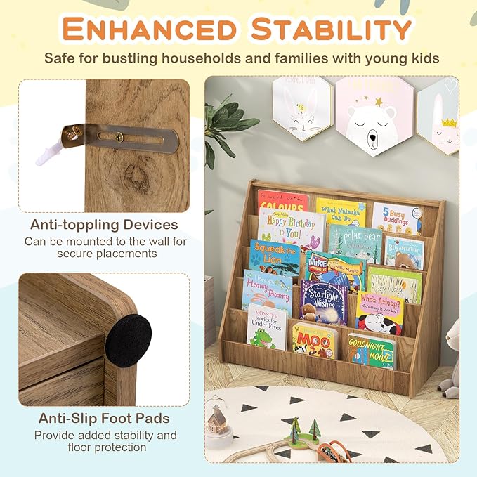 KOTEK 5-Tier Kids Bookshelf, Wooden Floor Display Shelf for Books and Magazines, Toddler Bookcase, Montessori Book Shelf for Kids Room, Daycare, Preschool, Classroom (Natural)