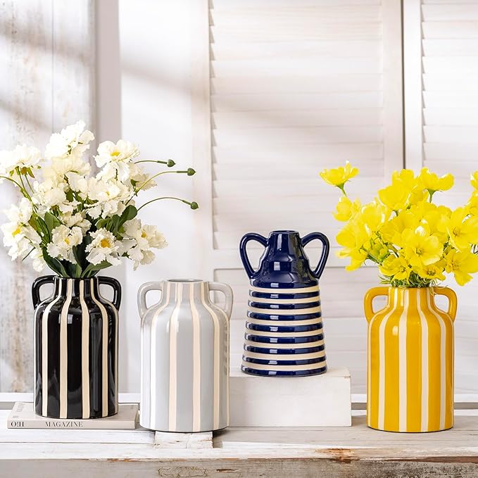 Yellow and White Ceramic Vase with Handles, Stripes Floral Vase for Home Decor, Flowers Kitchen Bookshelf Mantle, Living Room Coastal Decor, Rustic Table Centerpiece, Cottage Core Decor 9.1 in