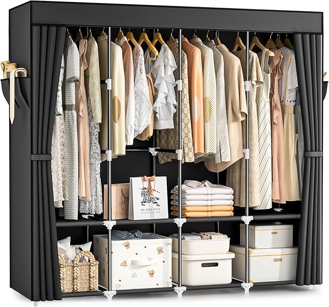 Neatrays Wardrobe Closet, 66 Inch Portable Closet for Hanging Clothes, Large Capacity Clothes Rack Organizer with Cover & 4 Hanging Rods & 8 Storage Shelves & 2 Side Pockets (Black)