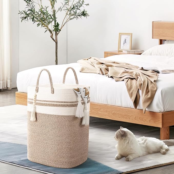 Woven Laundry Basket for Clothes, 80 L Large Rectangle Laundry Hampers with Beads Tassel, Nursery Storage Basket for Toys, Tall Dirty Clothes Hamper for Bedroom Aesthetic, Laundry Room Organization