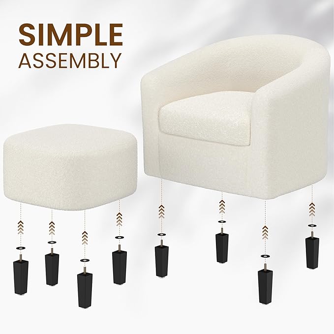 Yaheetech Accent Chair and Ottoman Set, Mid Century Boucle Fabric Barrel Chair and Comfy Fabric Footrest for Living Room/Bedroom/Reading Room, Ivory, 2 PCS