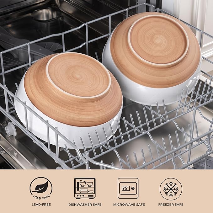 AmorArc 9.8’’ Extra Large Ceramic Salad Bowls, 90 OZ Serving Bowls Set of 2, Stoneware Oversized Bowls with Rustic Terracotta Underside for Salad, Soup and Dinner. Large Bowls for Entertaining&Gift