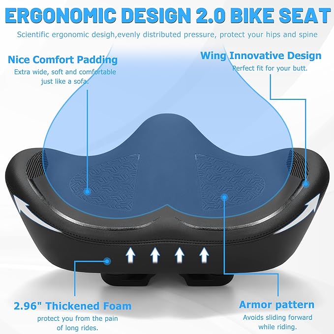 Noseless Oversized Bike Seat for Men Women Comfort, Extra Wide Padded Bicycle Seat Cushion, Large Comfortable Bike Saddle for Peloton, Stationary Exercise Bike, Beach Cruiser, City Bike, Ebike