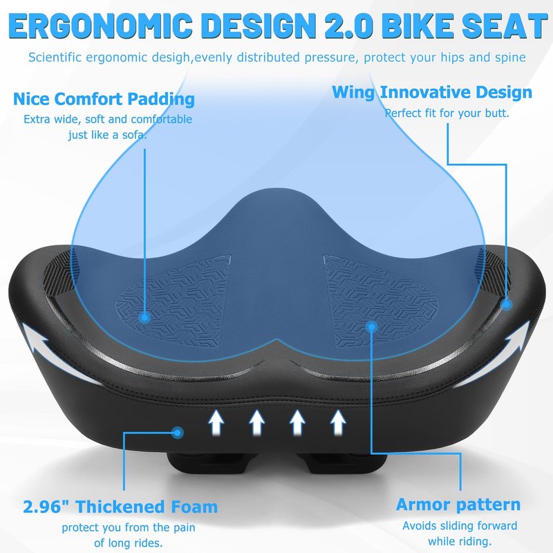 CDYWD Noseless Oversized Bike Seat for Men Women Comfort, Extra Wide Padded Bicycle Seat Cushion, Large Comfortable Bike Saddle for Peloton, Stationary Exercise Bike, Beach Cruiser, City Bike, Ebike