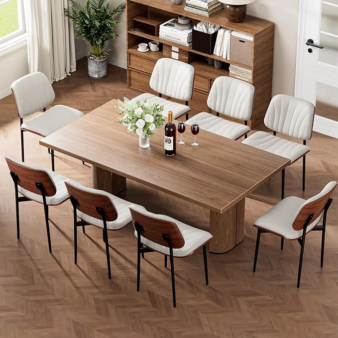 Dining Chairs Set of 6, Mid-Century Modern Upholstered PU Leather Chairs with Walnut Bentwood Back and Metal Legs Adjustable Feet for Kitchen Dining Room, Off-White Shell Strips