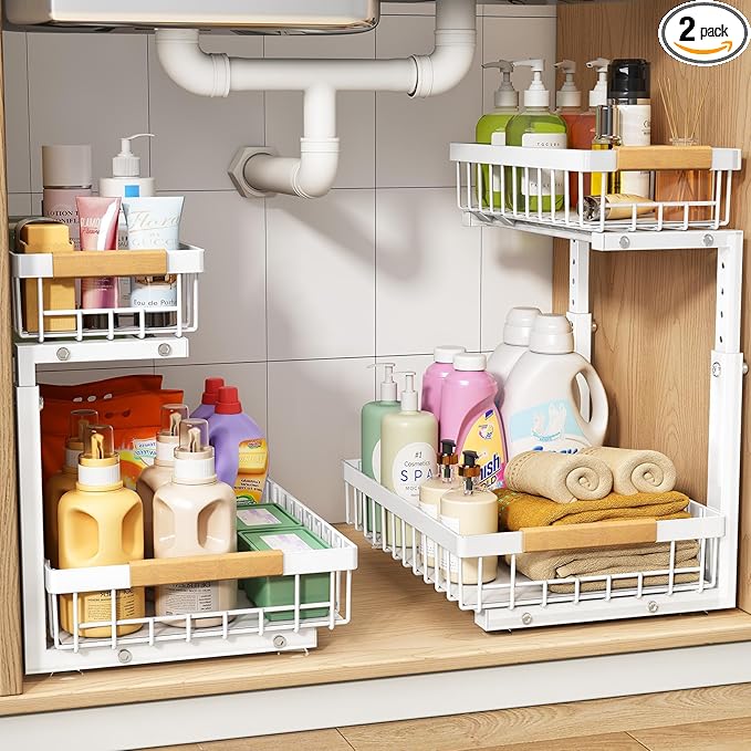 PXRACK Under Sink Organizer, Adjustable Height, 2-Pack 2 Tier Pull Out Under Cabinet Organizer, Slide Out Thickened Metal Under Sink Storage for Kitchen Bathroom Laundry Pantry Cabinet, L, White