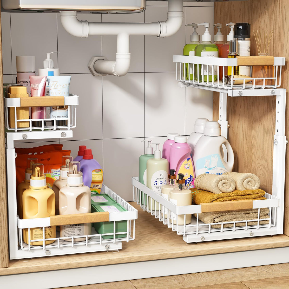 PXRACK Under Sink Organizer, Adjustable Height, 2 Tier Pull Out Under Cabinet Organizer, Slide Out Thickened Metal Under Sink Storage for Kitchen Bathroom Laundry Pantry Cabinet, White, Large-1-Pack
