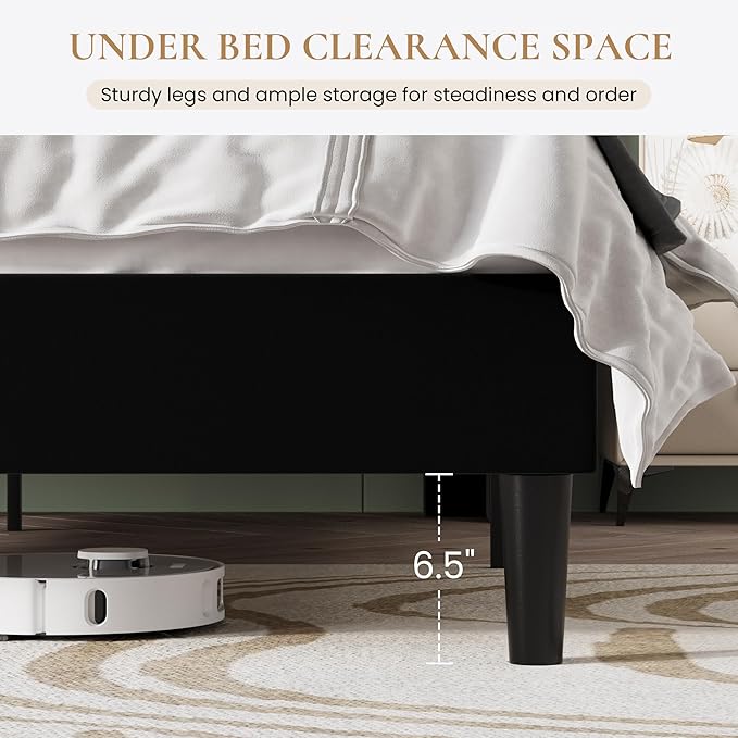 SHA CERLIN Queen Bed Frame with Charging Station, Velvet Upholstered Platform Bed, Wingback Storage Headboard, Type-C & USB Ports, Strong Wooden Slats, No Box Spring Needed, Easy Assembly, Black