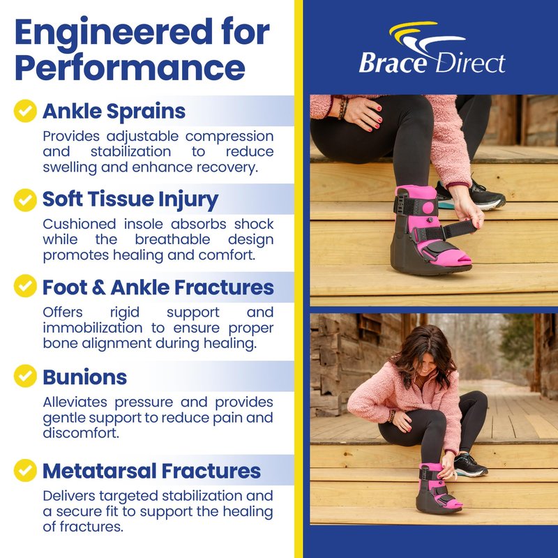 Brace Direct Women’s Short Air CAM Walker Boot - Pink Lined Fracture Boot with Air Pump for Foot & Ankle Fractures, Injuries, Sprains, and Post Op Recovery L4361 (Medium - US Shoe Women 8.5-11.5