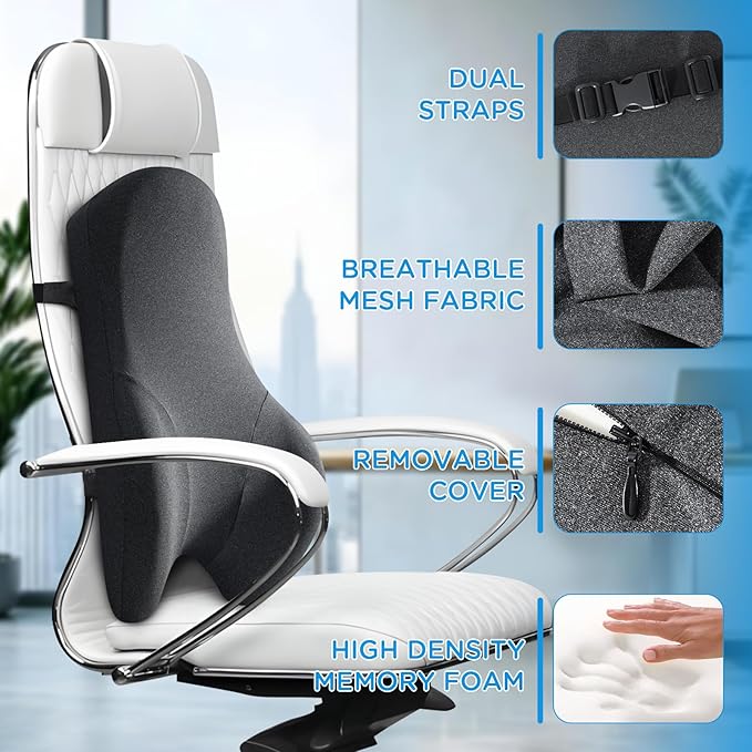 Teemour High Back Support Pillow for Office Chair, Fully Support Back Cushion - Memory Foam Lumbar Support Pillow for Offfice Chair, Desk, Gaming Chair, Promotes Posture Pain Relief Adjustable Straps