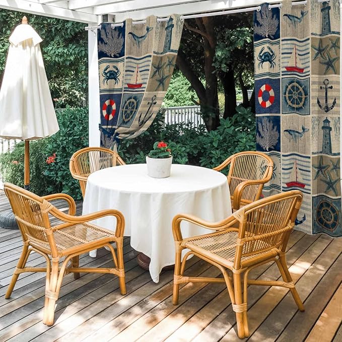 Oceans Outdoor Curtains for Patio Shell Starfish Whales Summer Vintage