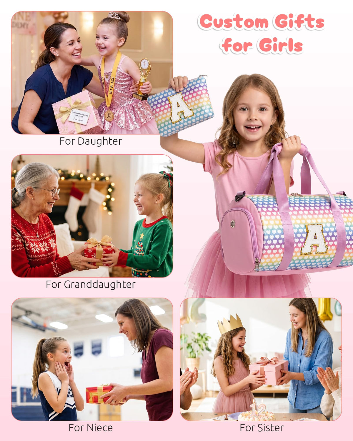 Vogewood Customed Birthday Gifts, Girls Travel Duffle Bag with Makeup Pouch, Initial Kids Overnight Bag with Shoe Compartment, Personalized Ballet Dance Bag for Grandkids (Letter E)