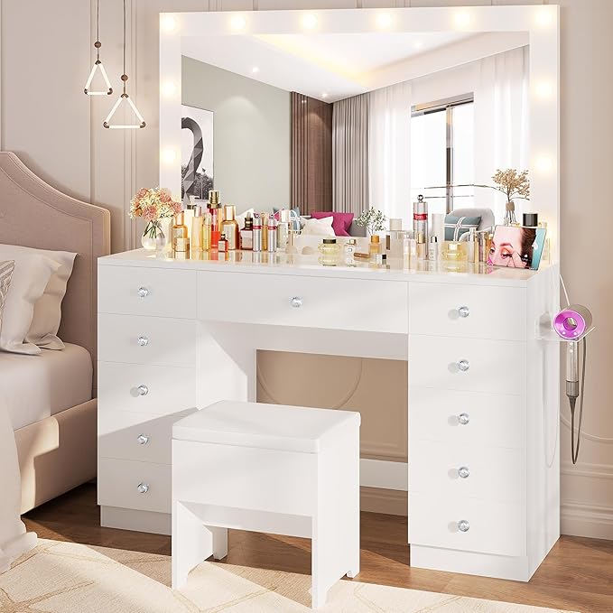 IRONCK 46'' Makeup Vanity Set with LED Mirror & Power Outlet - 11 Drawers, Glass Top, Hair Dryer Rack, Dressing Table with Storage Bench for Bedroom, 3 Lighting Color Adjustable, White