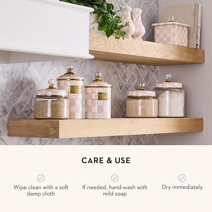 MACKENZIE-CHILDS Rosy Check Kitchen Canister, Decorative Pink-and-White Glass Storage Jar with Lid, Large