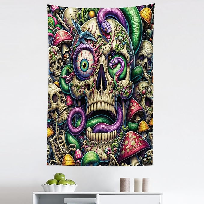 Ambesonne Trippy Tapestry, Spooky Artwork of Psychedelic Snake Mushroom Huddles Skulls Monster Eye, Fabric Wall Hanging Decor for Bedroom Living Room Dorm, 30" X 45", Green Purple Pale Khaki