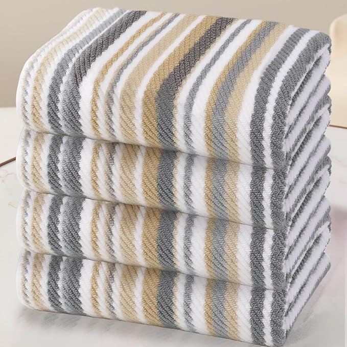 VOOVA & MOVAS Beige Striped Bath Towels, Bathroom Towels Set of 4, 28"x52" - 100% Cotton | Quick Dry | Absorbent | Light Weight, Tan Body Towel with Hanging Loop, Tan and Gray Stripe