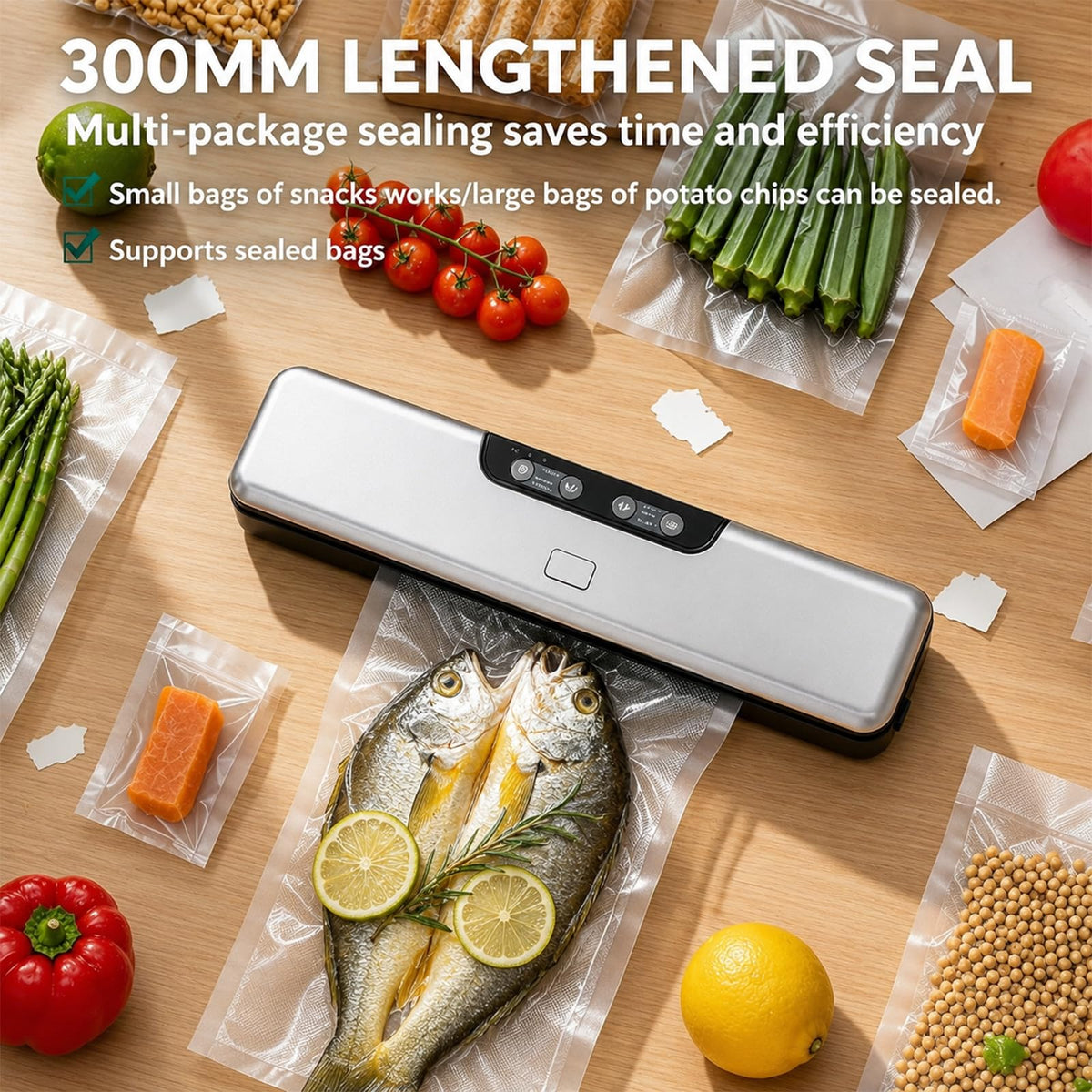 Compact Food Saver Vacuum Sealer Machine 100 Times Consecutive Works | 5mm Sealing Wire | 5 Food Modes | Portable Dry&Moist Multi-Functional Storage with 10 Vacuum Seal Bags