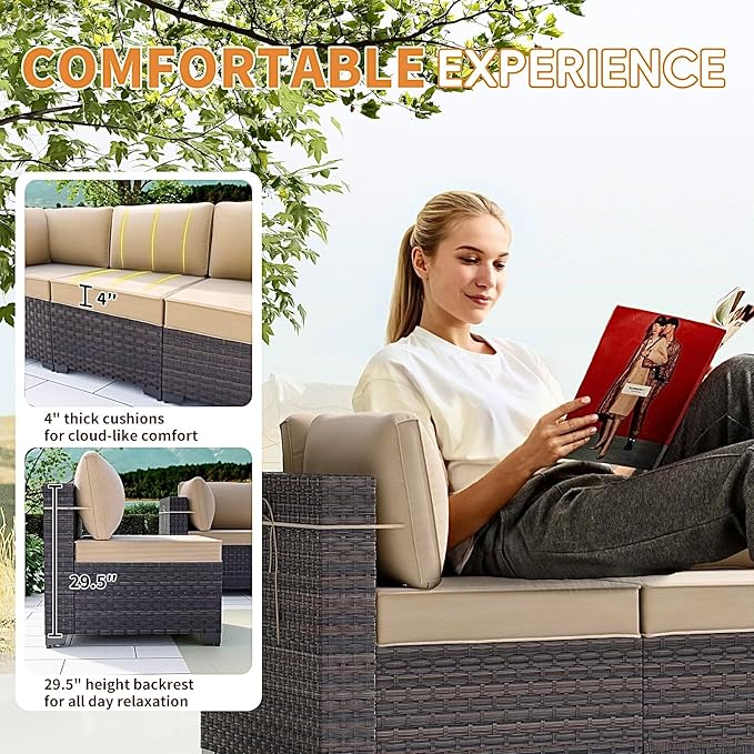 Gotland 13 Pieces Patio Furniture Set with Fire Pit Table Swivel Chairs, PE Rattan Outdoor Furniture Set with 29.5'' High Backrest 4’’ Thick Cushions Coffee Table, Patio Set for Porch, Deck, Khaki