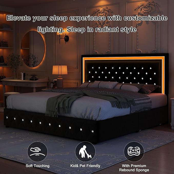 Full Bed Frame with LED Lights, Storage Drawers, No Box Spring Needed, 900 lbs Capacity, Easy Assembly, Velvet Black