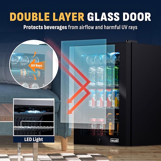 NewAir 90 Can Beverage Refrigerator | Freestanding Small Mini Fridge for Bedroom, Home Bar or Office | Adjustable Shelves, Quiet Cooling & Locking Door | Black