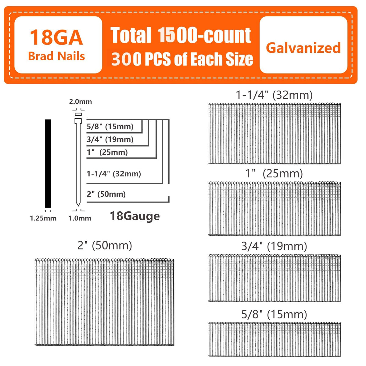 SITLDY 18 Gauge Galvanized Brad Nails Brown T-head 5 Sizes 1500-Pack (5/8"+3/4"+1"+1-1/4"+2"),300 per size, Assorted Size Project Pack, for Pneumatic, Electric 18GA Brad Nailer Gun