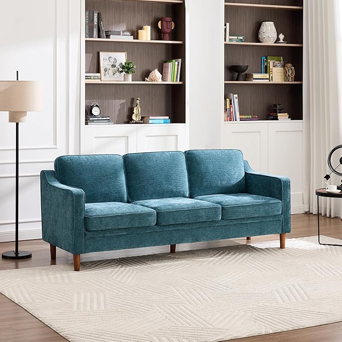 Kingfun 80" Chenille Sofa, 3 Seater Couch, Mid Century Modern Couches with Solid Wood Frame for Living Room & Bedroom, Water Green