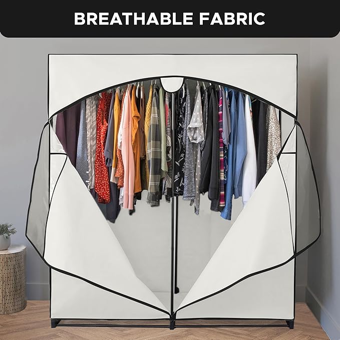HOLDN’ STORAGE Portable Wardrobe Closet - 65 lb Large Capacity, Internal Heavy Duty Metal Rod, Zipper & Clear Window, Durable Clothes Organizer, Tool-Free Easy Assembly, White Canvas Cover