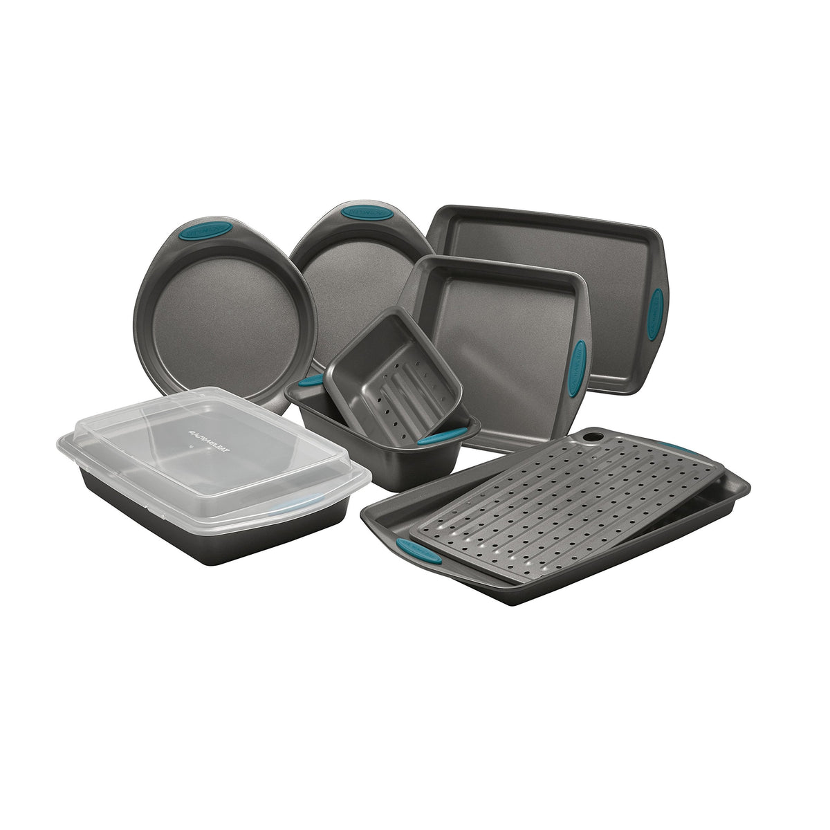 Rachael Ray Yum-o! Nonstick Bakeware Oven Lovin' Baking Pans Set, 10-Piece, Gray and Marine Blue
