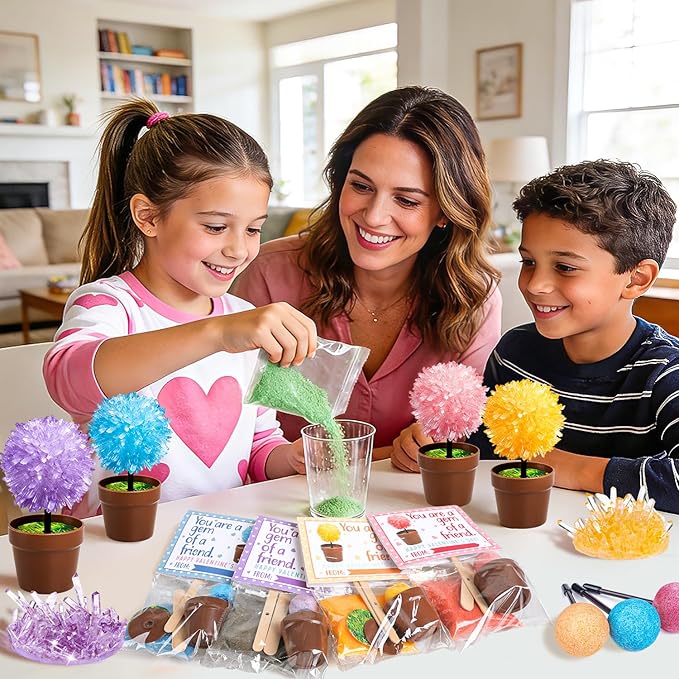 MOVINPE Crystal Flower Growing Kit for Kids – 12 Pack Valentine’s Day Classroom Gift Exchange, STEM Crystals Flower Science Kits with 6 Colors Crystal Powder & Seeds, Non-Candy School Gifts