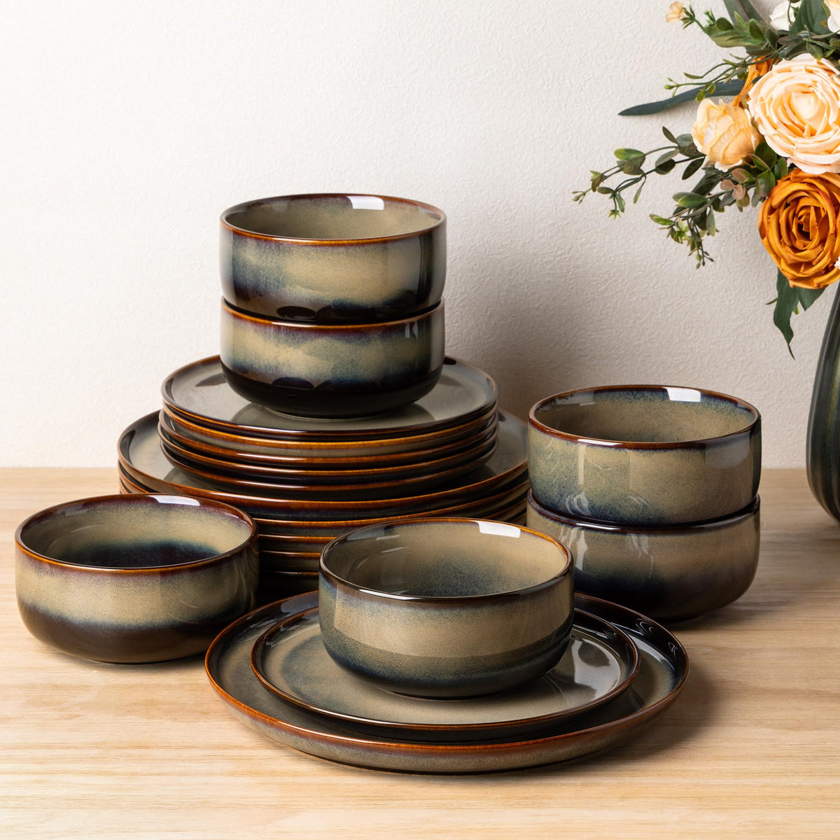 TheTerra Ceramic Dinnerware Set for 8, 24-Piece Plates and Bowls Set