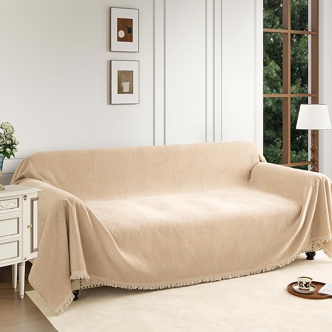 Couch Cover for 3 Cushion Couch Sofa Pet Friendly, Chenille Sectional L Shaped Sofa Cover Washable for Dogs Cats Kids, Leather Furniture Protector Slipcover Decor for Living Room, 91"x134"