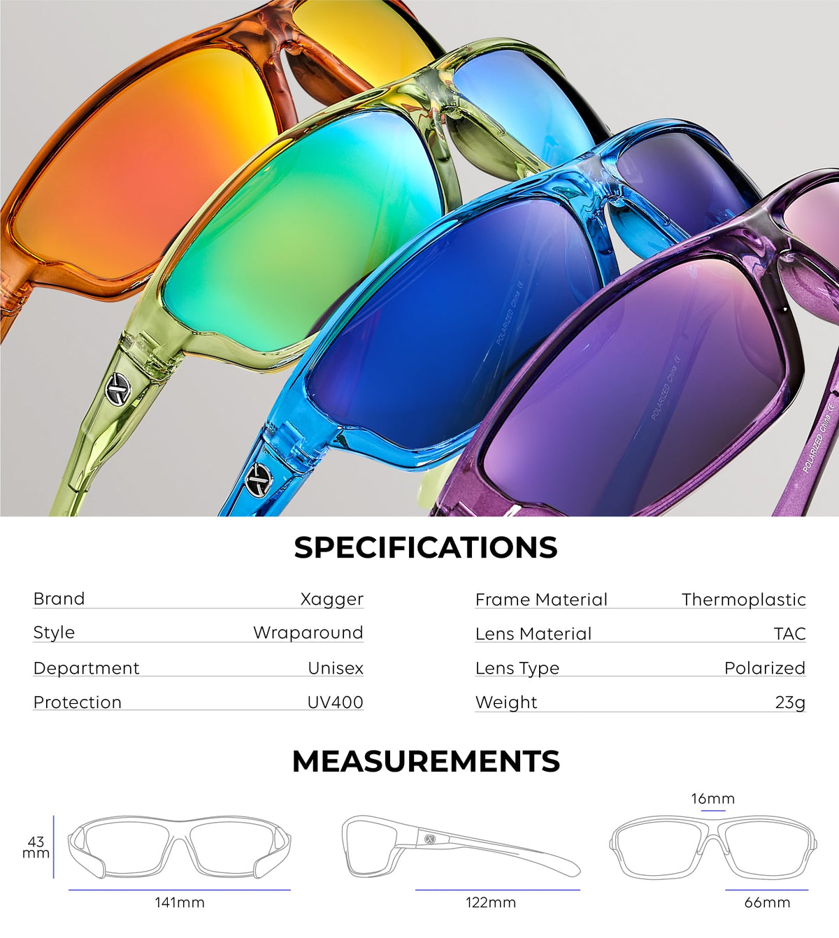 Xagger Polarized Wrap Around Sport Sunglasses for Men Women TR90 Frame Driving Running Fishing