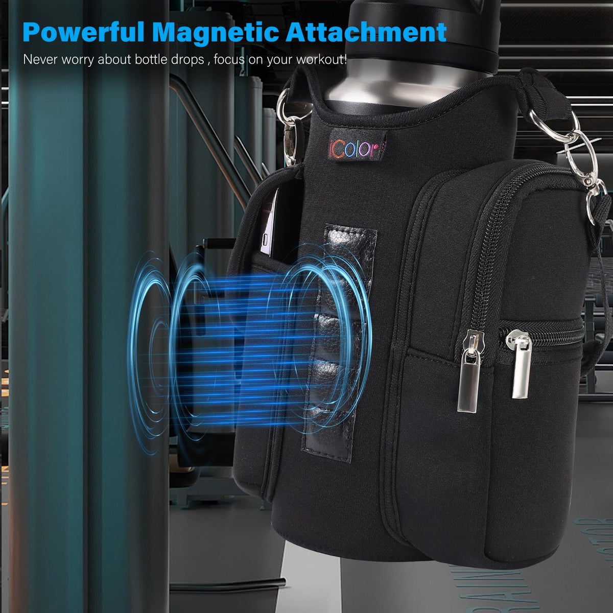 icolor Magnetic Gym Bag Water Bottle Holder with Phone Pockets & Shoulder Strap,Sling Gym Magnetic Bag 5 Built-in Magnets Bottle Pouch Carrier Sleeve Gym Accessories Organizer for Men Women