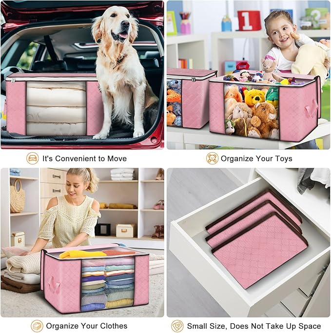 90 L Large Storage Bags, 8 Pack Clothes Storage Bins Foldable Closet Organizer Storage Containers with Durable Handle Storage and Organization, Blanket, Comforters, Bed Sheets, Pillows and Toys (Pink)