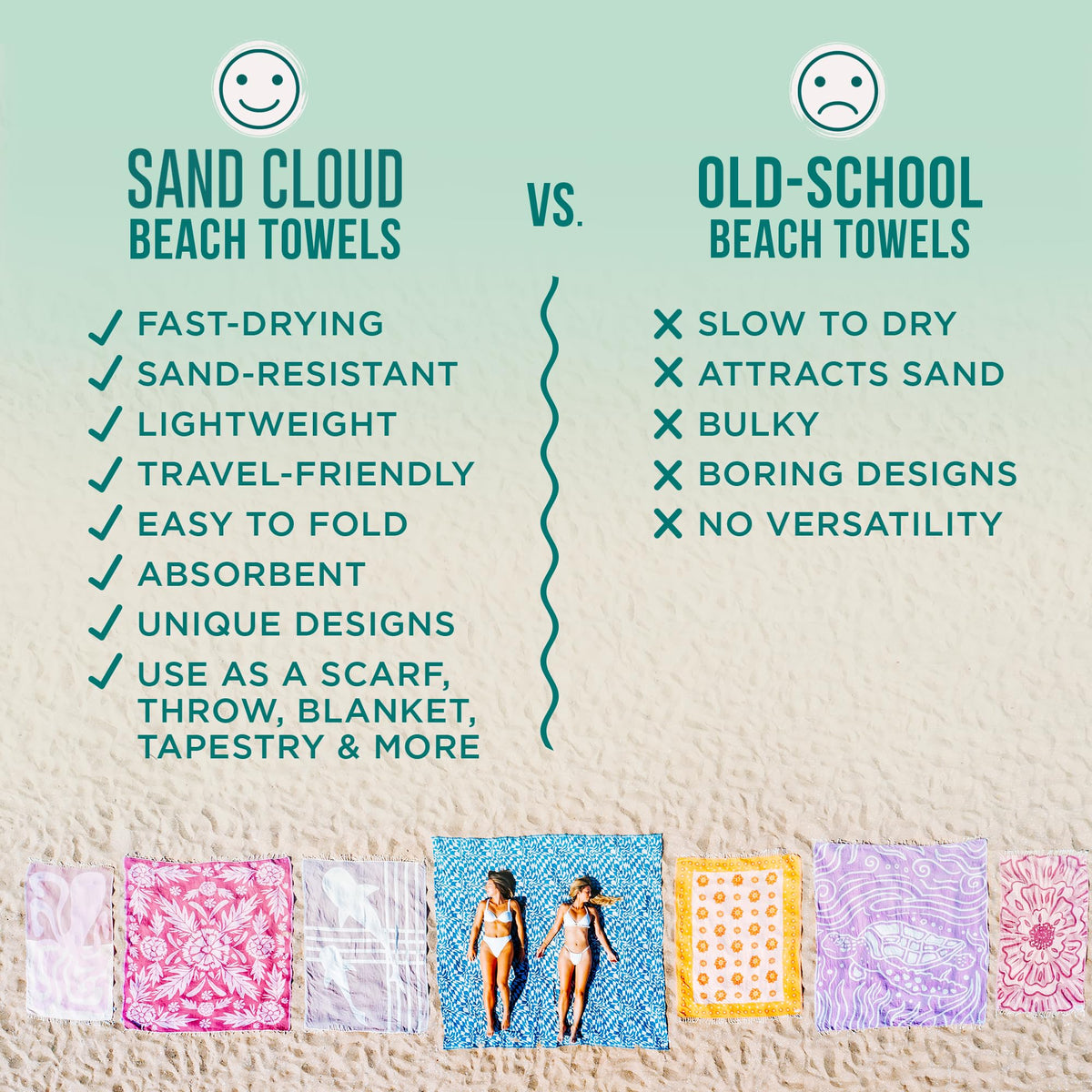 Sand Cloud Turkish Beach Towel - 100% Organic Cotton Turkish Bath Towels - Ultra Soft, Sand Resistant & Quick Dry Towel for Beach, Pool, or Picnic Blanket - As Seen on Shark Tank