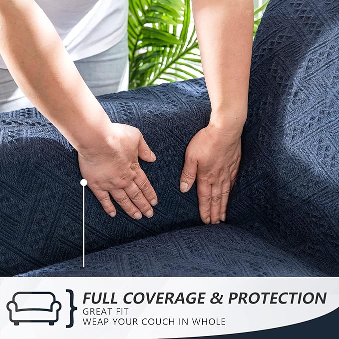 MYSKY HOME Navy Blue Couch Cover Sofa Covers Small Chair Cover Washable Sofa Throws Single Sofa Slipcovers Geometrical Couch Recliner Cover for 1 Cushion Couch (Medium, 71" x 91", Navy Blue)