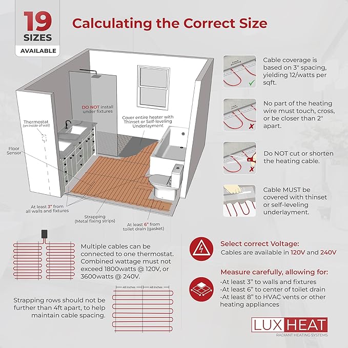 80sqft Floor Heating Cable Kit - 120v Floor Heating System Under Tile - Heated Flooring System - Includes UDG Programmable Thermostat w/GFCI, Heater Cable, Strapping, Sensor & Alarm