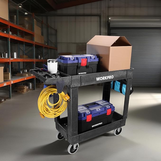 WORKPRO 2-Tier Utility Service Cart, 500 lbs Capacity Rolling Tool Cart with 360° Swivel Locking Casters, 39"x17"x33" PP Plastic Work Cart for Garage, Home, Warehouse