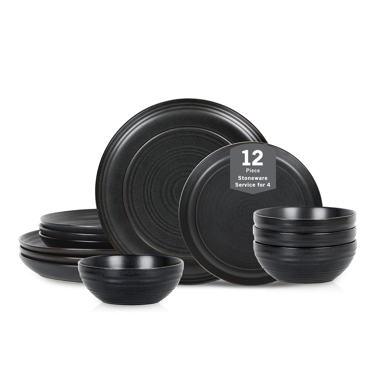Stone Lain Elio 24-Piece Dinnerware Set Stoneware, Plates and Bowls Set, Dish Set for 8, Black