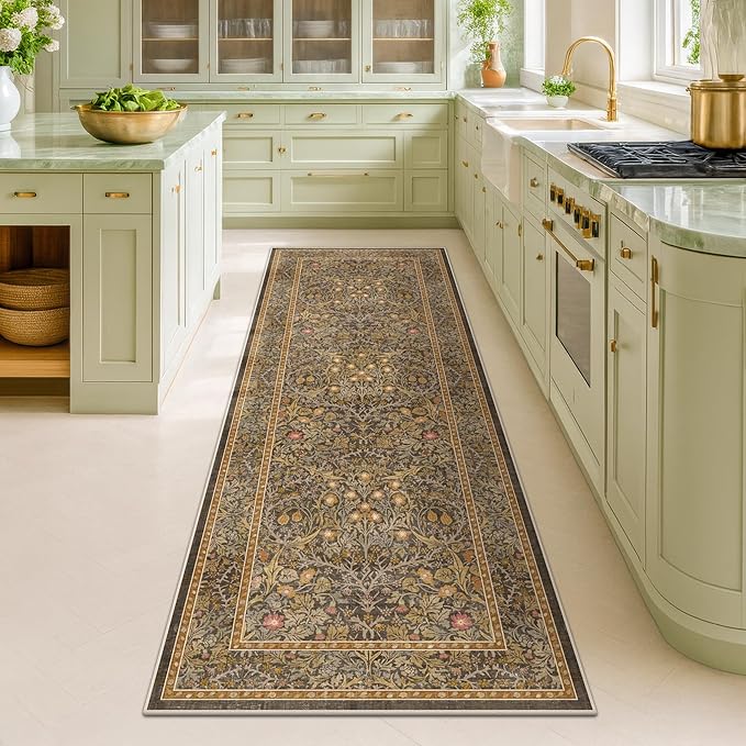 Non Slip 2x7 Gold Brown Hallway Runner - Long Runner Rugs for Bathroom, Washable Kitchen Floor Mat, Bedroom Bedside - Brown Earthy Vintage Floral Décor