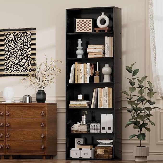 JAMFLY Narrow Tall Bookshelf 6 Shelf Bookcase Vertical Storage, Slim Profile Tall Narrow Storage Unit for Home Office, Living Room, Bedroom, Black, Set of 2